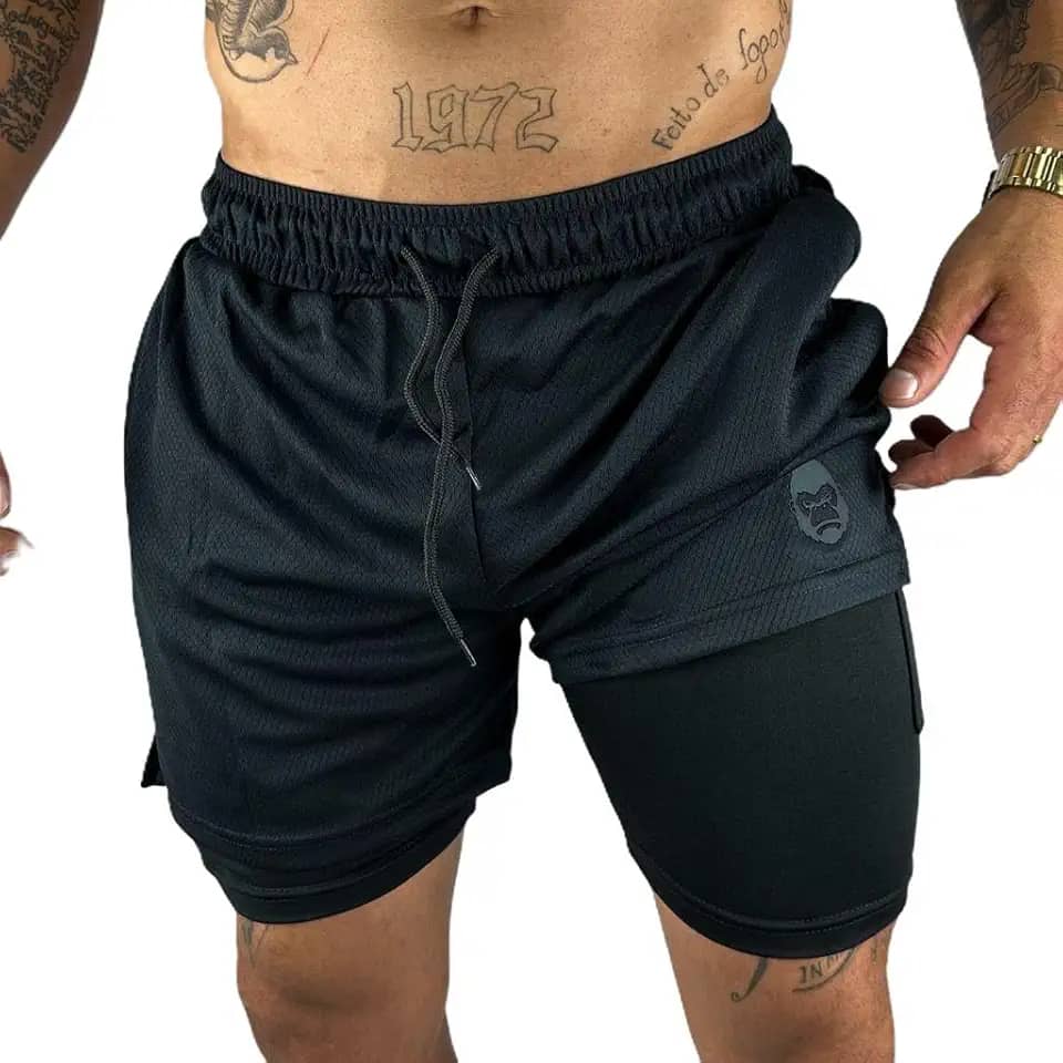 Short Masculino 2 em 1, Tecido Respirável com Forro Duplo, Bolso para Celular, Ideal para Academia e Corrida