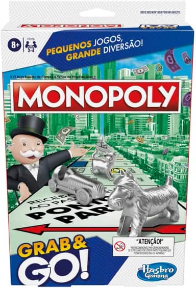 Hasbro Gaming Monopoly Grab and Go, jogo de tabuleiro portátil em plástico com peças de casas e dinheiro, jogos infantis para crianças acima de 8 anos