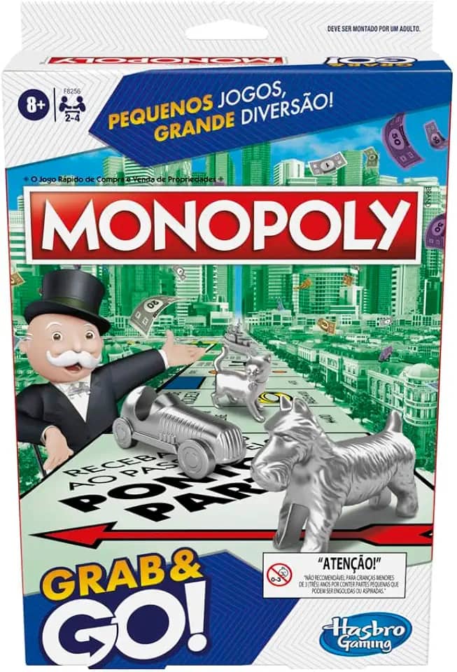 Hasbro Gaming Monopoly Grab and Go, jogo de tabuleiro portátil em plástico com peças de casas e dinheiro, jogos infantis para crianças acima de 8 anos