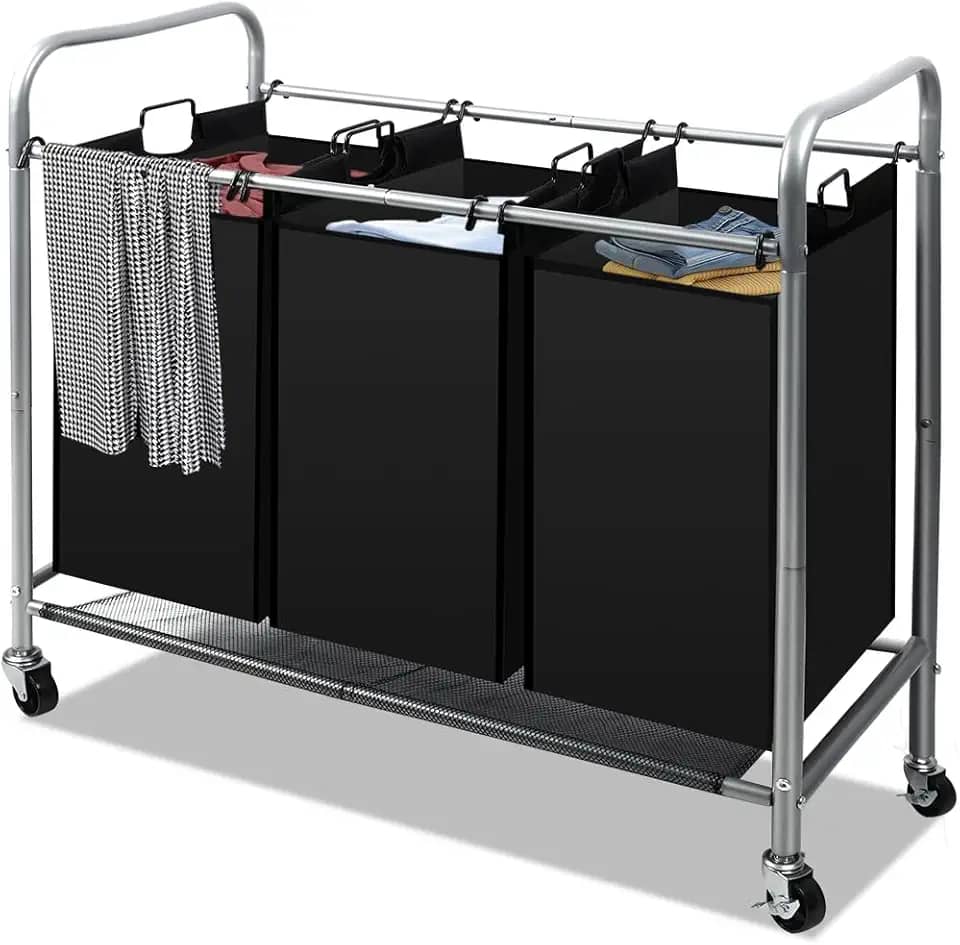 3 Sacos de Cesto de Roupa Suja, Cesto de Roupa Suja com Divisoria, 3 Bag Laundry Hamper Carrinho com Rodas Bloqueáveis de Rolamento Resistente E Sacos Removíveis
