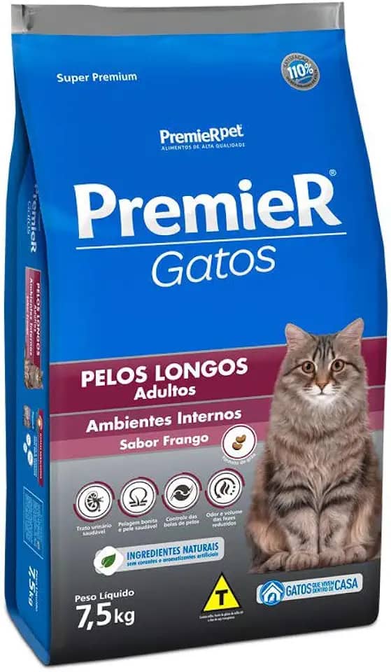 Ração Premier Ambientes Internos Pelos Longos para Gatos - 7,5kg Premier Pet Adulto - Sabor Frango
