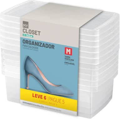 Ordene - Conjunto de 6 Caixas Plástica Média para Sapato de Tamanho 35 à 38, Cor Cristal, Linha My Closet