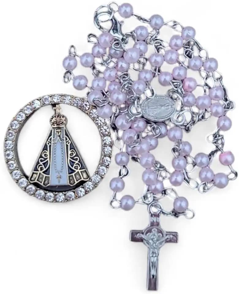 Terço Pérola Delicado Nossa Senhora Aparecida no Pote de Vidro Fé Casamento Batismo Rosario