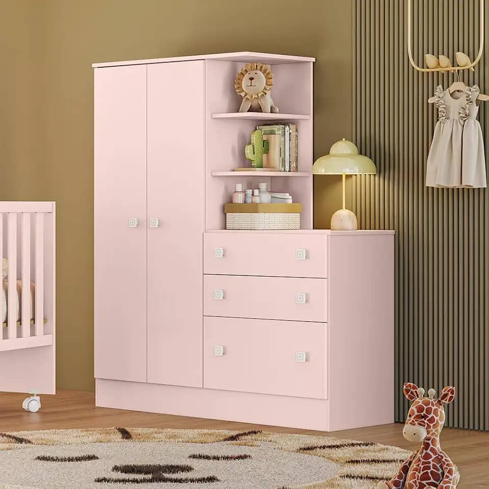Guarda Roupa Roupeiro com Cômoda Doce Sonho Rosa Qmovi