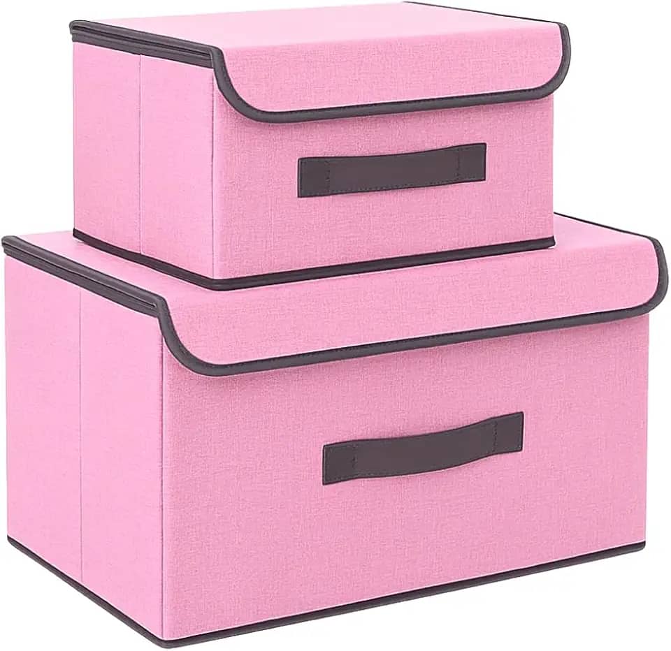 Kit 2 Caixas Organizadoras para Guarda-Roupa e Armário com Tampa | Multiuso, Dobrável, Empilhável e Antipoeira (Rosa)