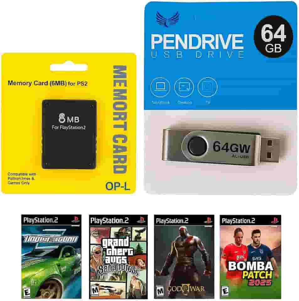 Kit para PlayStation 2: Memory Card com OPL + Pen Drive 64