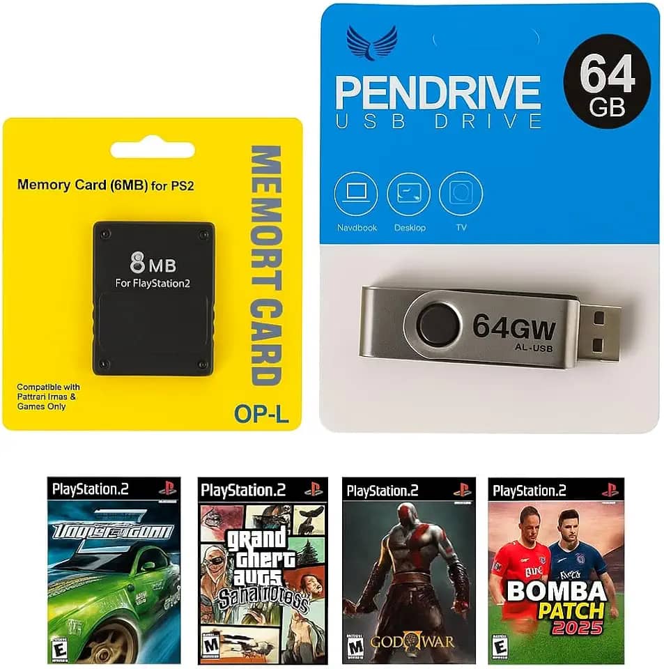 Kit para PlayStation 2: Memory Card com OPL + Pen Drive 64