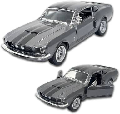 Carrinho de ferro Miniatura Mustang Shelby Gt 500 1967, Kinsmart, Escala 1:38, 12 CM, Cinza, Miniatura de carros clássicos