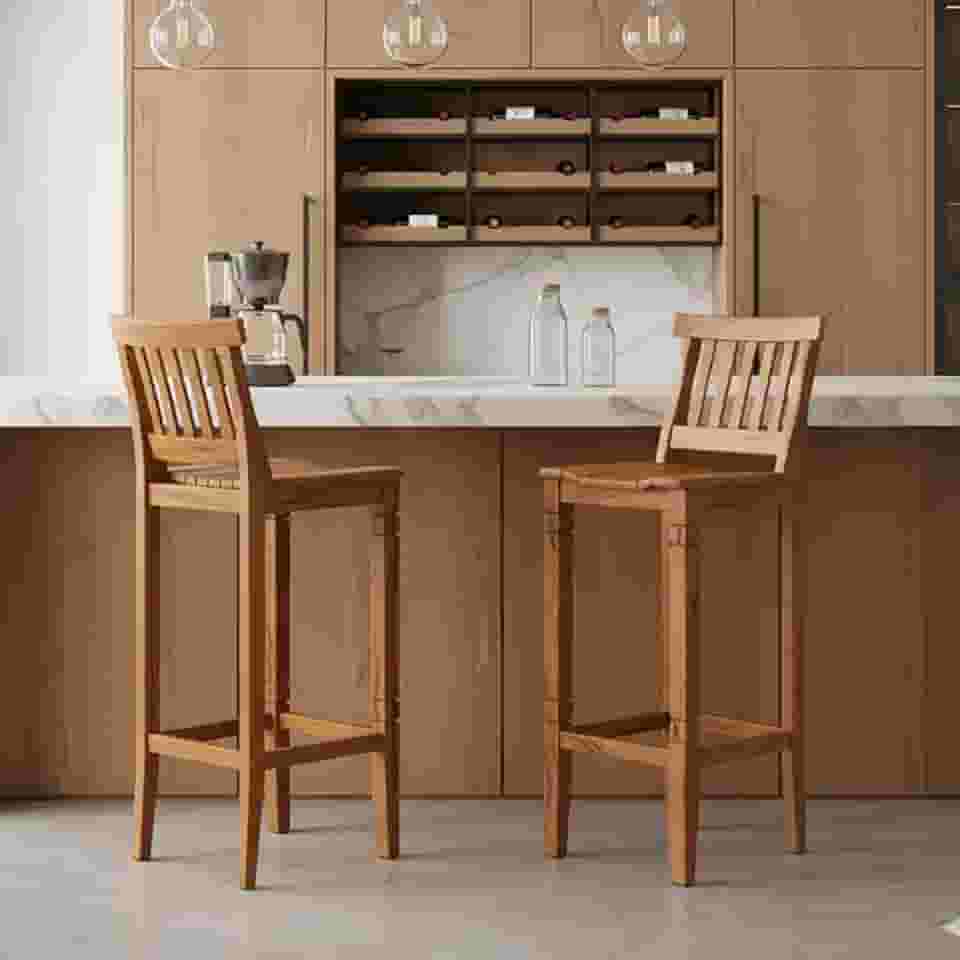 Kit 2 Banquetas Madri Alta para Balcão – Cozinha, Madeira Maciça, Envernizada, Com Encosto