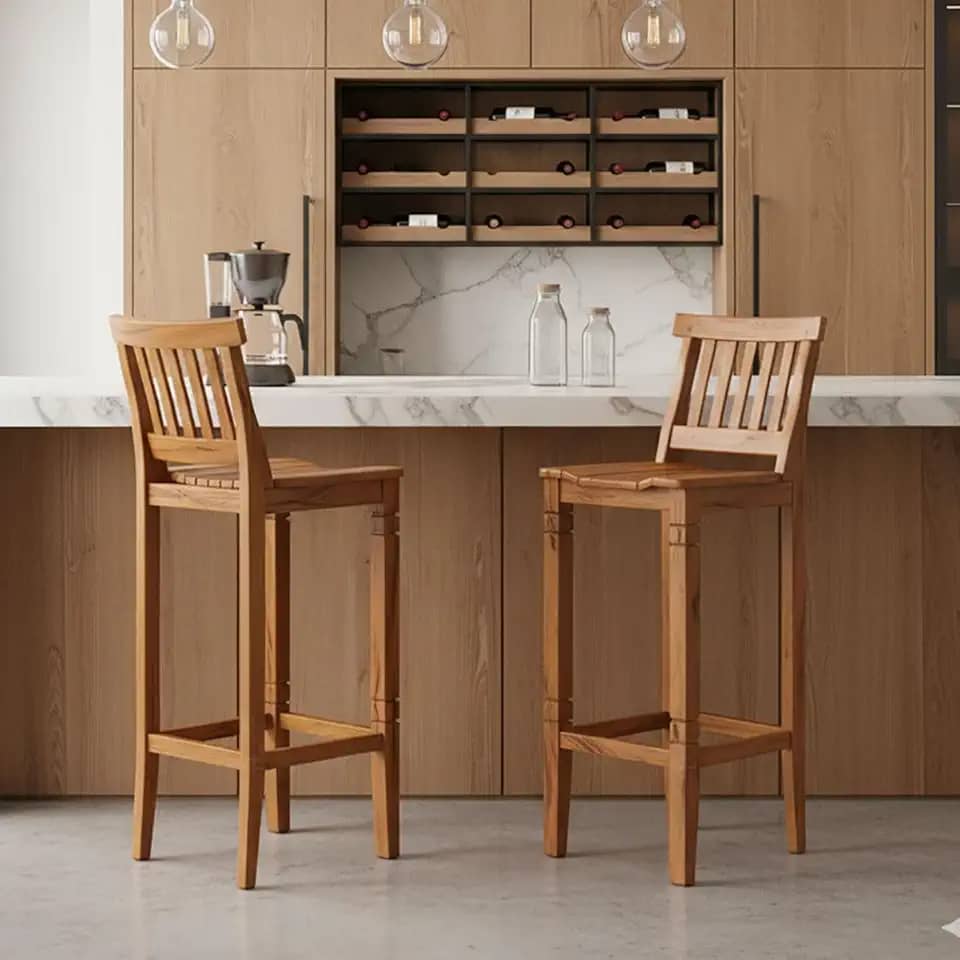 Kit 2 Banquetas Madri Alta para Balcão – Cozinha, Madeira Maciça, Envernizada, Com Encosto