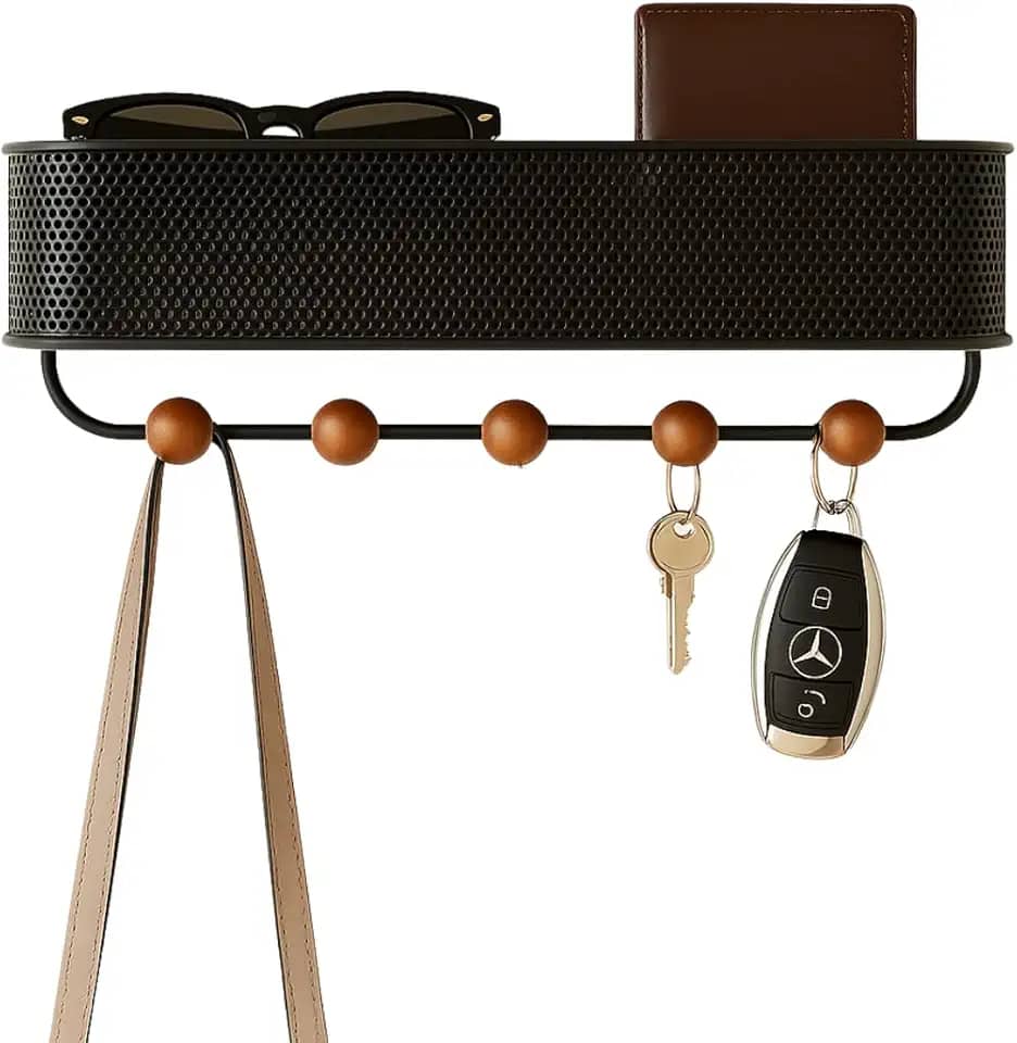 LUMAI Porta-Chaves de Parede com Suporte Pendurador para Chaves e Cabideiro, Instalação Fácil com Adesivo ou Parafuso, Chaveiro Organizador Prático e Resistente para Entrada, Sala ou Quarto – Preto