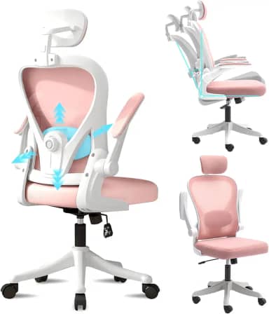 Cadeira de Escritório Ergonômica, Equipado com Suporte Lombar Ajustável, Tela Respirável e Apoio de Cabeça Ajustável, Ideal para Longos Períodos de Trabalho Sentado (Branco e Rosa)