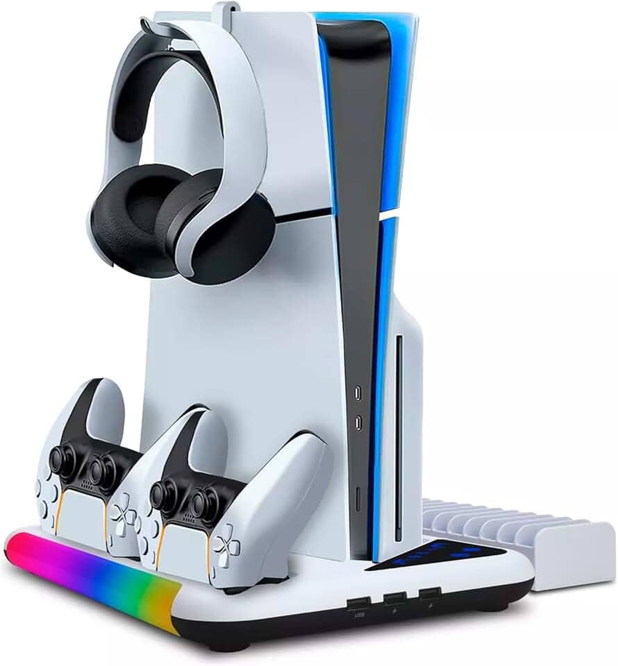 Suporte Cooler de Resfriamento RGB Carregador Controle Compatível com Console PS5 / PS5 Slim Playstation, com 2 Carregador Controle Bateria 600mah