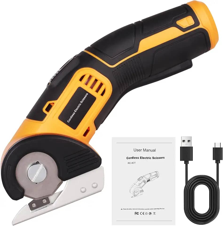 Tesoura elétrica sem fio com trava de segurança e bolsa com zíper, cortador multiuso recarregável para couro, papelão, tapete, tecido, carregamento USB