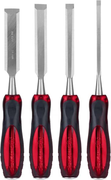 MTX Jogo de Formões 4 Peças (6/12/18/24mm), Aço CrV 60 HRC para Madeira, Cabo 2 Componentes Antiderrapante