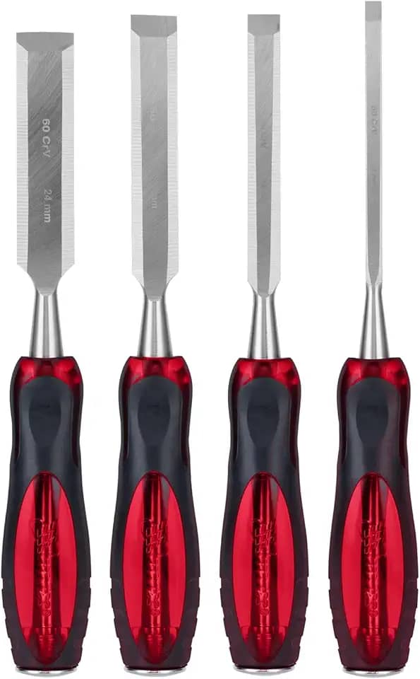 MTX Jogo de Formões 4 Peças (6/12/18/24mm), Aço CrV 60 HRC para Madeira, Cabo 2 Componentes Antiderrapante