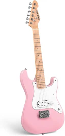 SONICAKE Guitarra elétrica infantil de 76 cm, corpo de madeira maciça leve e júnior com captador Humbucker, pescoço e escala de dedo de madeira, extremidades arredondadas, rosa