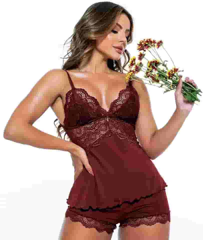 Baby Doll de Poliamida Rendado, Conjunto de Pijama Feminino, Camisola e Short, Lingerie Sensual