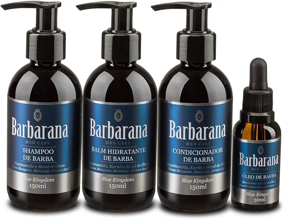 Kit para Barba Shampoo, Condicionador, Balm Hidratante e Óleo - Blue Kingdom, Barbarana