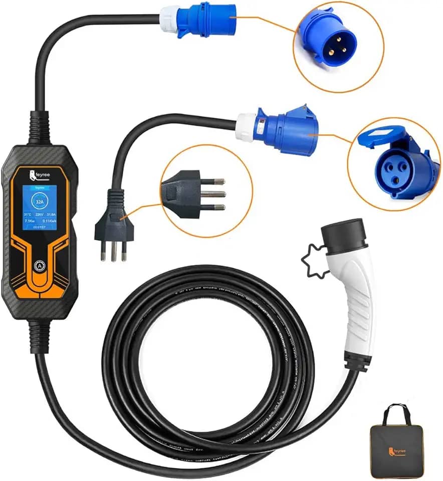 Carregador para Carro Elétrico Portátil, 3,5KW-7KW 20A 32A 85-264V Type 2 Cabo de 5M EV Tipo 2 Carros Elétricos e Híbridos,Uso interno/externo Aplicável a 99% dos modelos Envio de São Paulo, Brasil