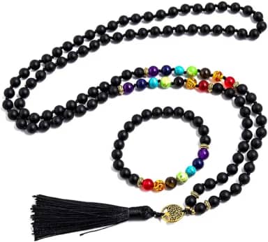 Japamala ¨7 Chakras¨ com Turmalina Negra em Pedras Naturais – 108 Contas – Acompanha Pulseira de Proteção – Equilíbrio Energético e Meditação