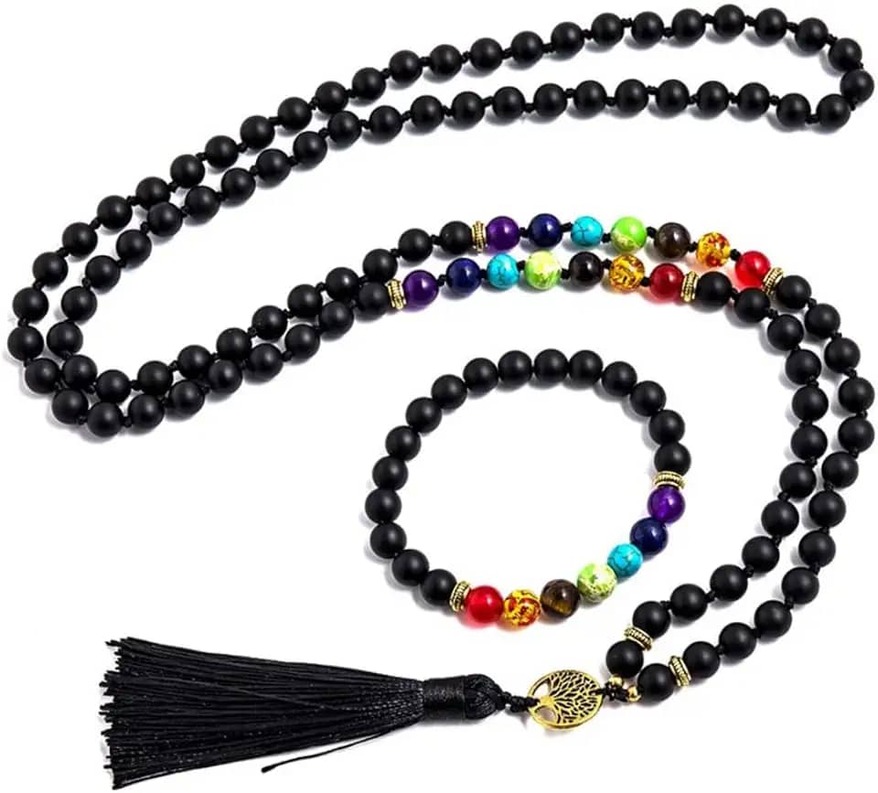 Japamala ¨7 Chakras¨ com Turmalina Negra em Pedras Naturais – 108 Contas – Acompanha Pulseira de Proteção – Equilíbrio Energético e Meditação
