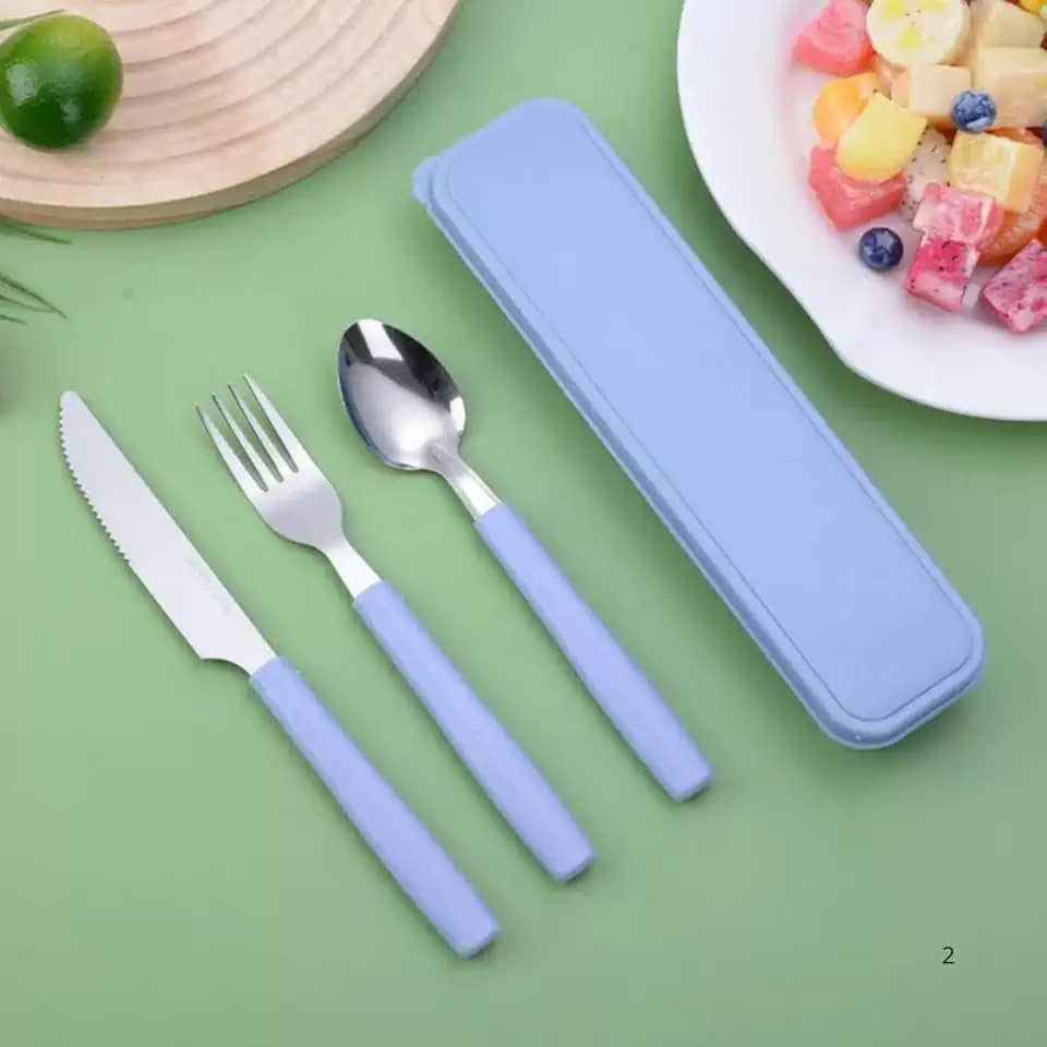 Jogo Talheres Inox com Estojo Garfo Faca Colher Viagem Trabalho (Azul)