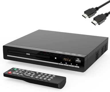 Leitor de DVD HD para TV com HDMI, sem região, leitor de CD para casa, reproduz todas as regiões e formatos, mini leitor de DVD com cabos USB, controle remoto, HDMI e RCA incluídos (DVD-003)