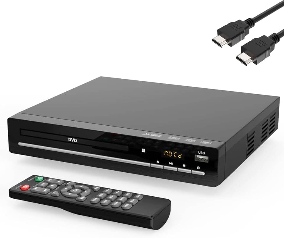Leitor de DVD HD para TV com HDMI, sem região, leitor de CD para casa, reproduz todas as regiões e formatos, mini leitor de DVD com cabos USB, controle remoto, HDMI e RCA incluídos (DVD-003)