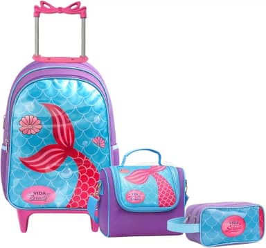 Kit Mochila de Rodinha Escolar Sereia Infantil Feminino + Lancheira Transversal + Estojo Duplo Menina