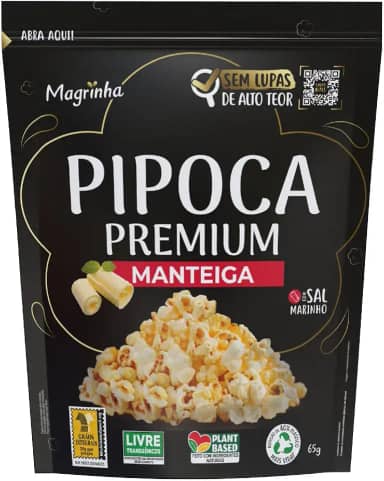 Pipoca Pronta Da Magrinha 65g – Sabor Manteiga, Integral com 65% Menos Gorduras Totais, Sal Marinho, Whole Grain Certificado, Sem Transgênicos, Sem Lupas de Alto Teor
