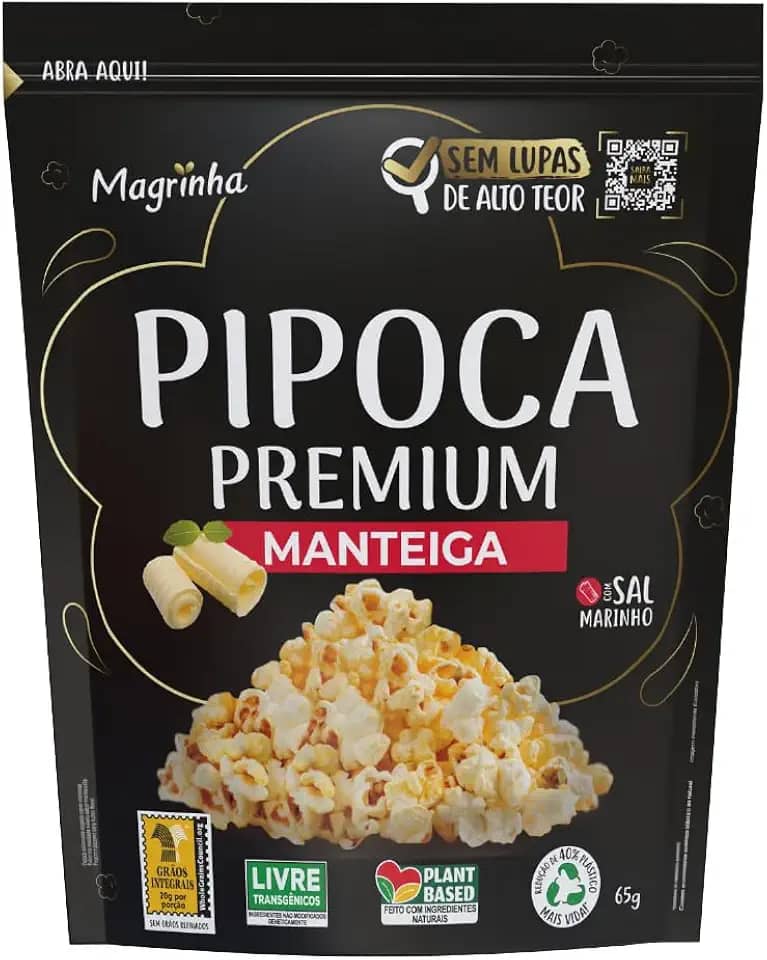 Pipoca Pronta Da Magrinha 65g – Sabor Manteiga, Integral com 65% Menos Gorduras Totais, Sal Marinho, Whole Grain Certificado, Sem Transgênicos, Sem Lupas de Alto Teor