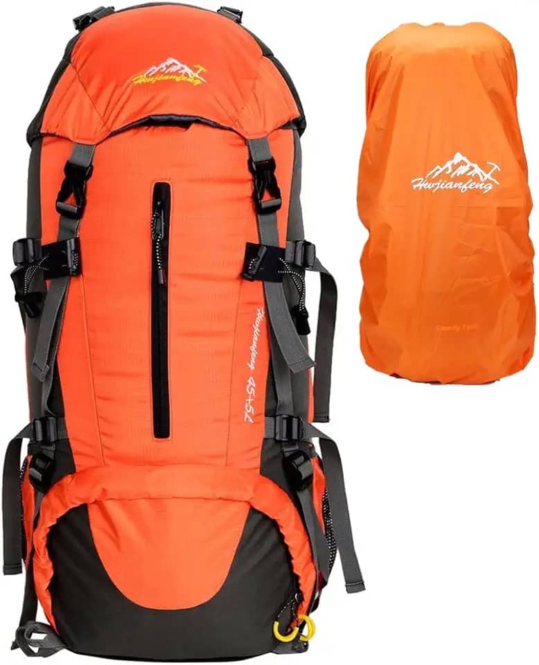 JOYFOX Mochila de Camping 65+5L/45+5L Impermeável Unissex para Viagem, Trilhas e Acampamentos – Cor Laranja