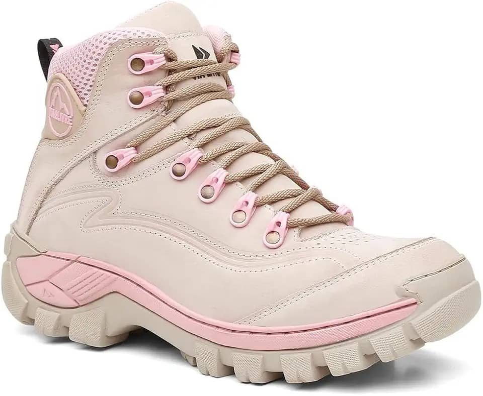 Bota Adventure Feminina Para Trilha Palmilha Gel Bege e Rosa N7