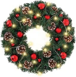 Guirlanda de Natal Decorativa, 30 cm, 20 LEDs Brancos Quentes, com Pinhas e Bolas Vermelhas, 3 Metros de Fio (Vermelho)