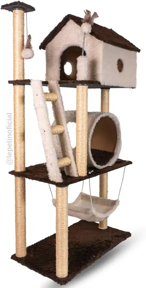 Arranhador Casa para Gatos 3 andares com Rede e Túnel Grande Cat (Cappuccino)