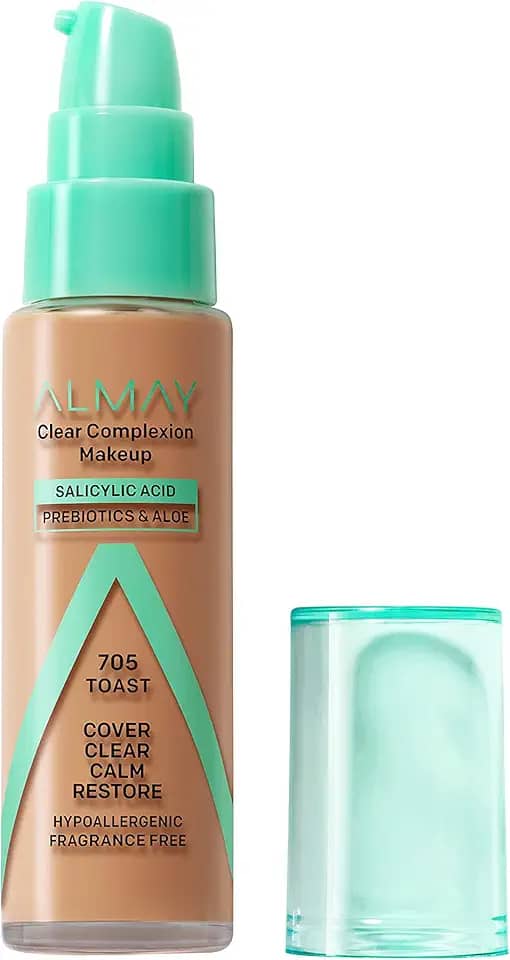 Almay Maquiagem Clear Complexion Acne Foundation com ácido salicílico, cobertura média, acabamento fosco macio, hipoalergênico, sem crueldade e sem fragrância, testado por dermatologistas, torradas