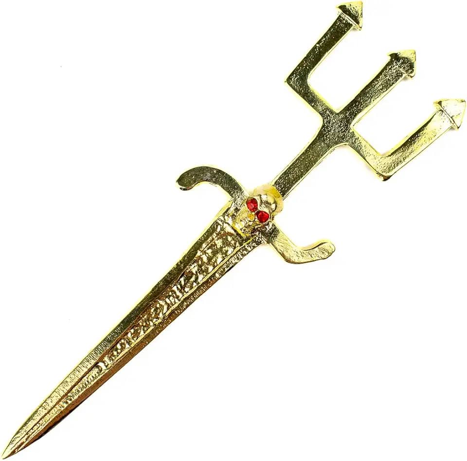 META ATACADO, Athame Exu com Tridente e Crânio em Metal Dourado 17 cm