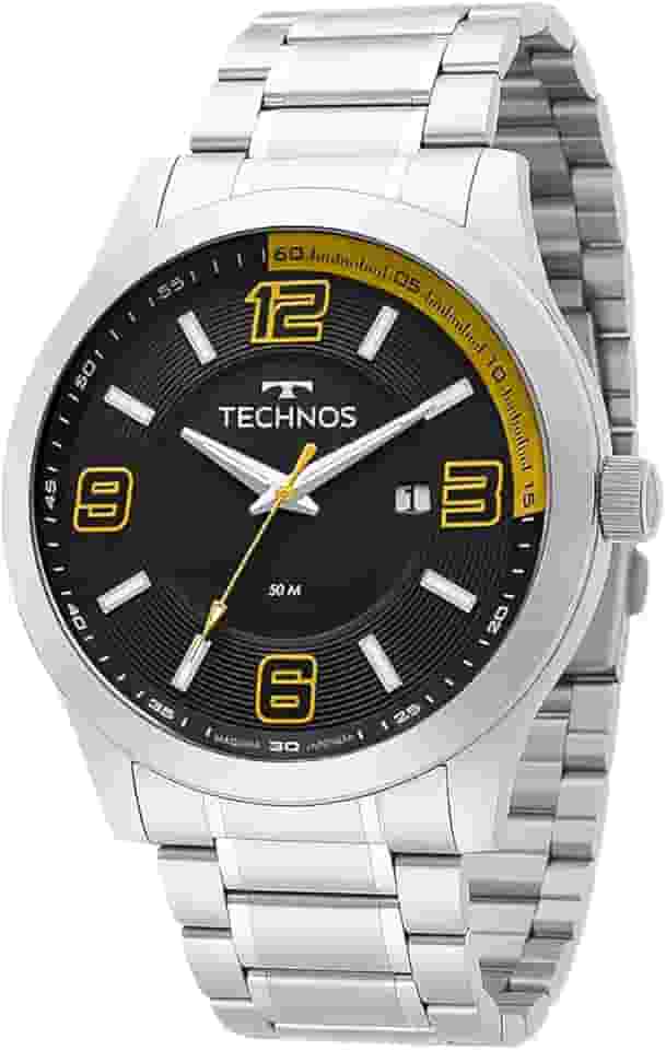 Relógio Masculino Technos Aço Prata Mostrador Preto Fosforescente Calendário 50M Resistente Água Pulseira Inox Analógico 2115KLM1L