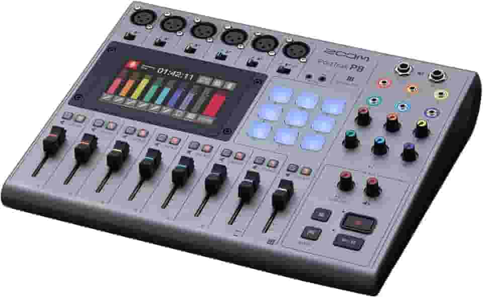 Zoom PodTrak Gravador de podcast P8, 6 entradas de microfone, 6 saídas de fone de ouvido, entrada de telefone, pads de som, edição integrada, gravação para cartão SD, interface de áudio USB, alimentado por bateria