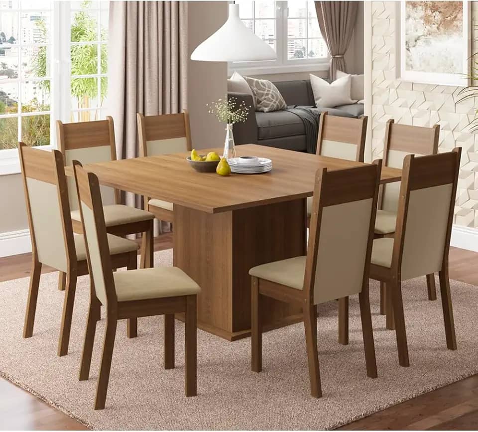 Conjunto Sala de Jantar Madesa Panamá Mesa Tampo de Madeira com 8 Cadeiras - Rustic/Crema/Pérola