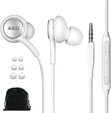 SAMSUNG AKG Fones de ouvido intra-auriculares originais com fio de 3,5 mm com controle remoto e microfone para música, chamadas telefônicas, trabalho - baixo profundo com isolamento de ruído, inclui bolsa de transporte de veludo - branco