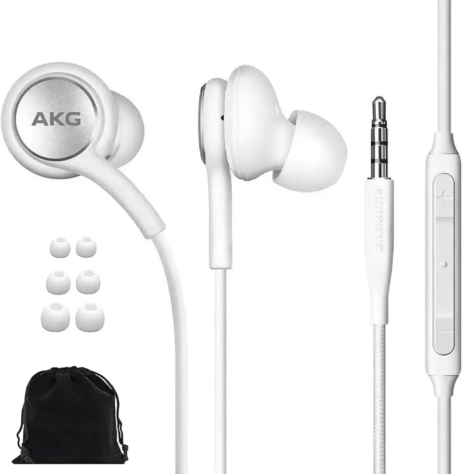 SAMSUNG AKG Fones de ouvido intra-auriculares originais com fio de 3,5 mm com controle remoto e microfone para música, chamadas telefônicas, trabalho - baixo profundo com isolamento de ruído, inclui bolsa de transporte de veludo - branco
