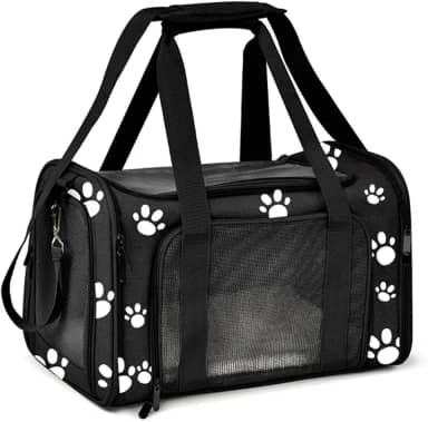 Bolsa Transporte Pet para Avião Cabine Viagem Ventilação Cães e Gatos Reforçada até 14kg Tela Arejada Alça e Tapete Removível - Duke & Dixie (Preto/Pata)