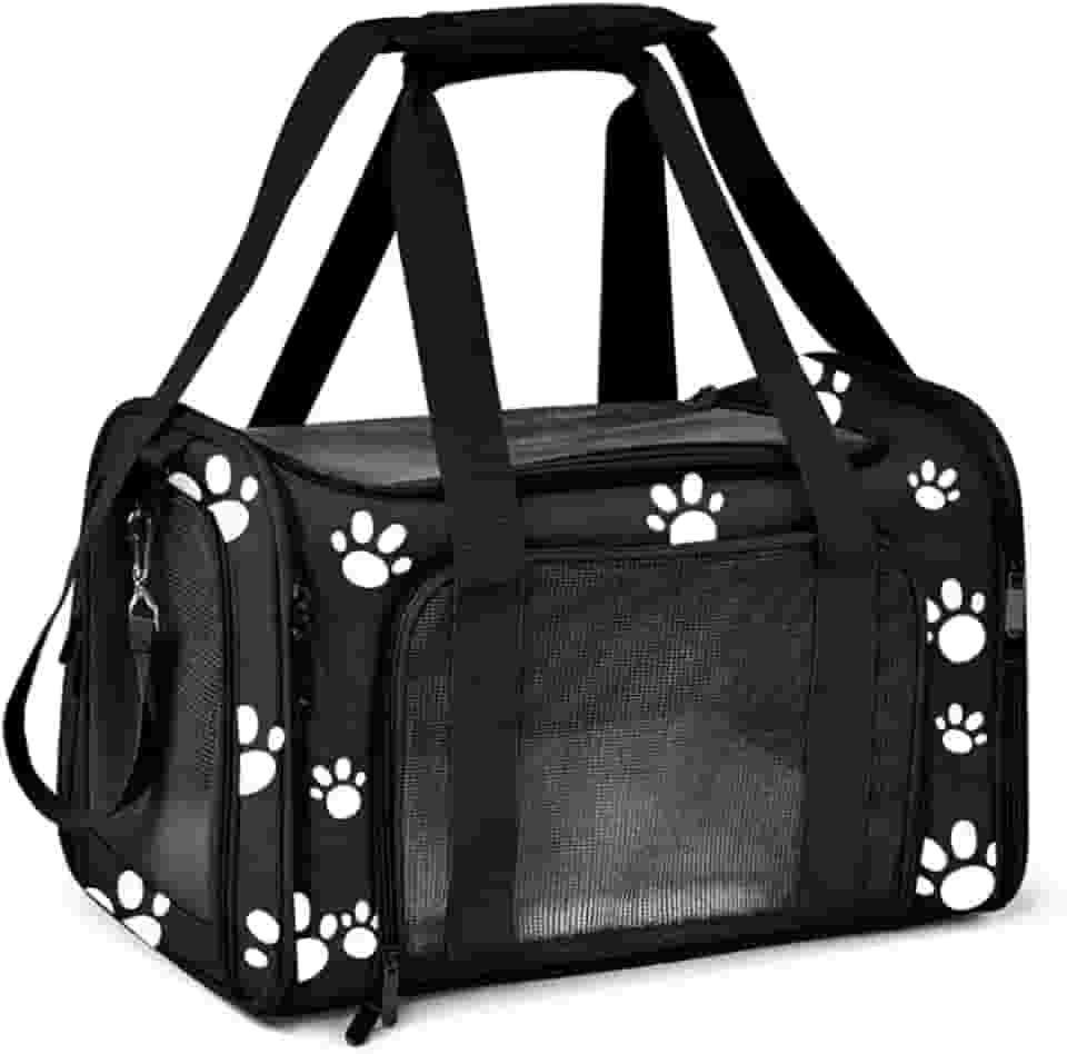 Bolsa Transporte Pet para Avião Cabine Viagem Ventilação Cães e Gatos Reforçada até 14kg Tela Arejada Alça e Tapete Removível - Duke & Dixie (Preto/Pata)