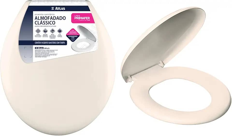 Atlas - Assento Sanitário Plástico Almofadado Clássico com Kit de Fixação, Cor Bege