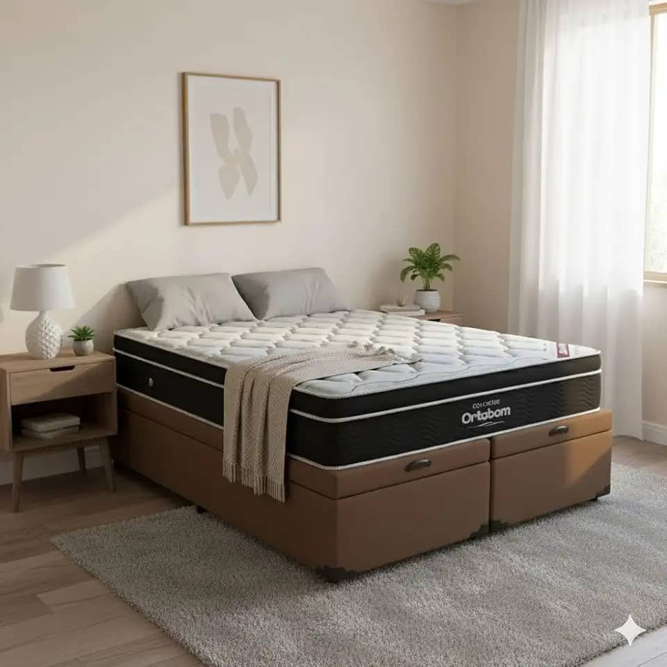 Cama Box Baú King Size Bipartido Corino + Colchão de Molas Ensacadas Elegant - 1.92x2.03 (Marrom)