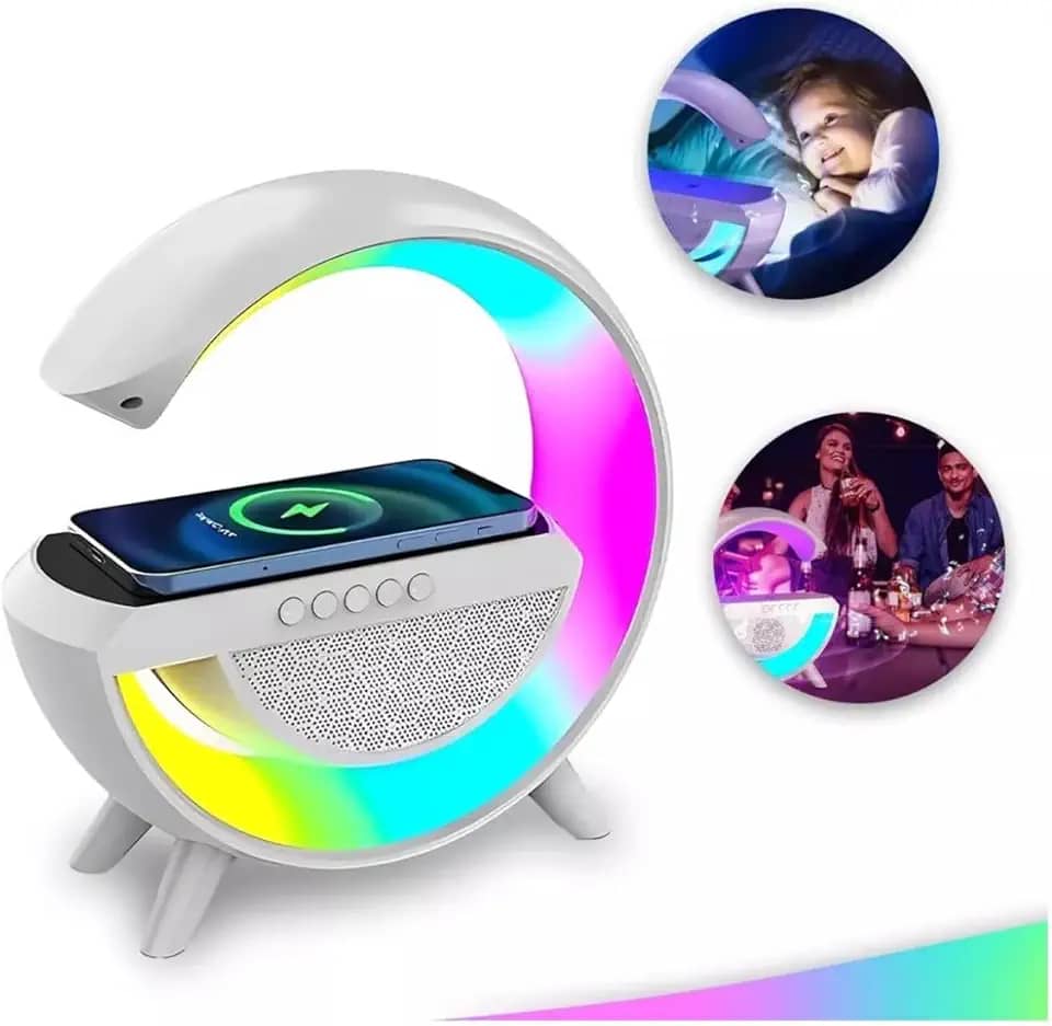 Luminária de Mesa com Alto-falante Bluetooth, Smart Station, LED RGB, Carregador Wireless