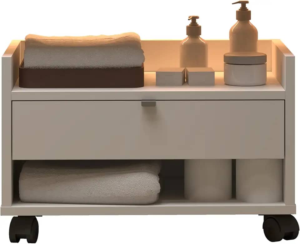 Armário De Banheiro Gabinete Prisma Com Gaveta Nicho e Rodinhas (Off White)