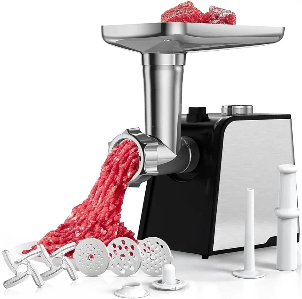 Moedor de Carne, Moedor de Carne Eletrico 110v, Máquina Moer, Aço Inoxidável Moedor de Carne Elétrico 800W, Equipado com 1 Lâmina, 3 Redes de Faca, Tubo de Cabeça e Empurrador